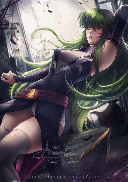 Anime picture 1600x2264 with code geass sunrise (studio) c.c. lelouch lamperouge zero (code geass) axsen single long hair tall image fringe breasts hair between eyes red eyes standing bare shoulders signed yellow eyes payot looking away bent knee (knees)