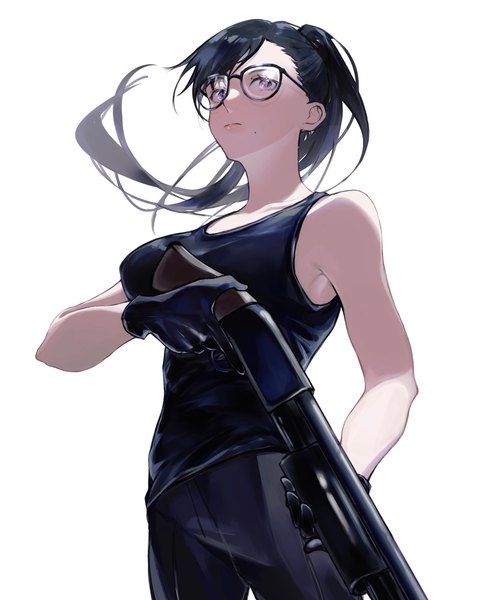 Anime picture 2200x2716 with summertime render minakata hizuru suikauna single long hair tall image highres black hair simple background white background purple eyes ponytail mole from below sleeveless mole under mouth girl gloves weapon black gloves