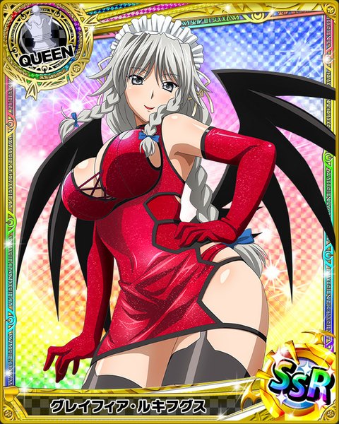 Anime picture 640x800 with highschool dxd grayfia lucifuge single long hair tall image looking at viewer breasts light erotic smile large breasts braid (braids) grey hair open clothes grey eyes hand on hip card (medium) girl thighhighs dress gloves