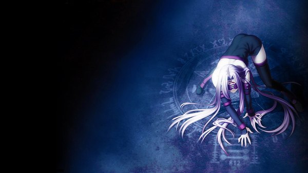 Anime picture 1920x1080 with fate (series) fate/stay night rider single highres wide image bare shoulders purple hair full body very long hair from above wallpaper magic facial mark black background on all fours blindfold covering eye (eyes) girl dress