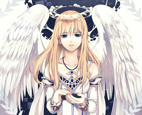 Anime picture 1000x811 with original loyproject long hair looking at viewer fringe breasts blue eyes blonde hair bare shoulders holding sky lips happy angel wings white wings angel girl detached sleeves halo