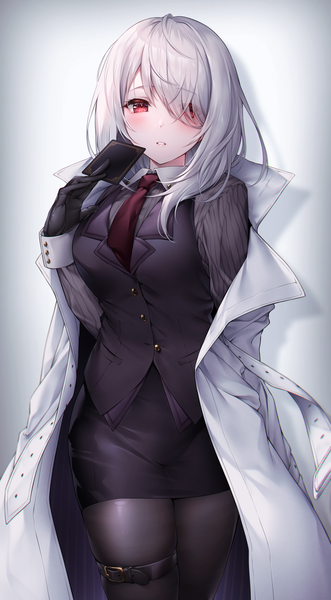 Anime picture 1018x1843 with original lenne (oyuwari) oyuwari single long hair tall image looking at viewer blush fringe simple background red eyes standing holding payot silver hair long sleeves parted lips hair over one eye off shoulder grey background