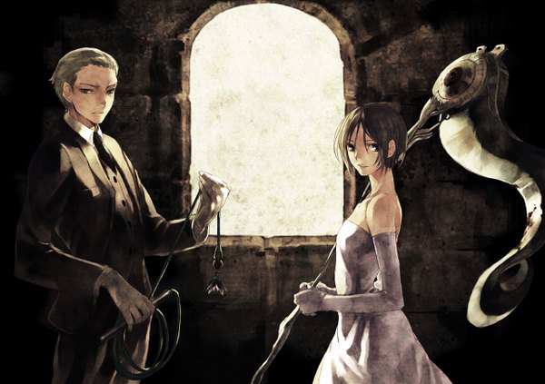 Anime picture 1283x906 with amanohana short hair black hair bare shoulders grey hair grey eyes girl dress boy gloves necktie elbow gloves window suit scythe whip