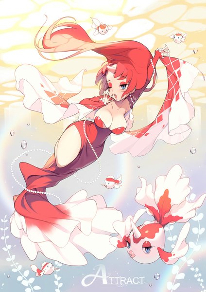 Anime picture 680x962 with pokemon moemon nintendo goldeen 1000marie single long hair tall image looking at viewer fringe breasts open mouth blue eyes light erotic large breasts cleavage red hair one eye closed horn (horns) outstretched arm