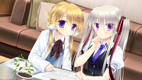 Anime picture 1280x720 with gangsta alcadia rindou misogi tokimori nozomi miyasu risa long hair blush blonde hair wide image purple eyes twintails multiple girls game cg white hair girl uniform hair ornament ribbon (ribbons) 2 girls hair ribbon school uniform