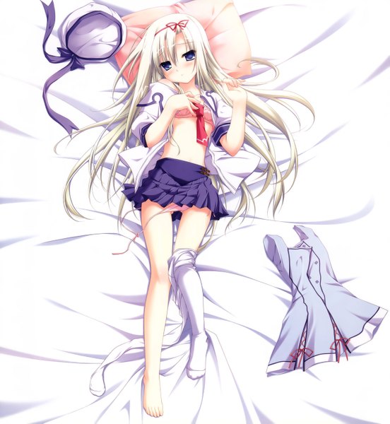 Anime picture 2765x3001 with magicarat radiant (game) eltlinde aschberg chikotam single long hair tall image looking at viewer blush highres blue eyes light erotic game cg white hair lying open clothes open shirt undressing panty pull girl dress