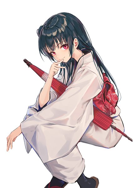 Anime-Bild 707x1000 mit love live! sunshine!! sunrise (studio) love live! tsushima yoshiko huanxiang heitu single long hair tall image looking at viewer fringe simple background smile red eyes white background sitting blue hair traditional clothes japanese clothes wide sleeves hair bun (hair buns)