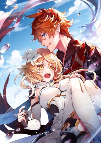 Anime picture 1768x2500 with genshin impact lumine (genshin impact) tartaglia (genshin impact) mimoontk tall image blush fringe highres short hair breasts open mouth blue eyes blonde hair hair between eyes large breasts signed yellow eyes sky cloud (clouds) outdoors