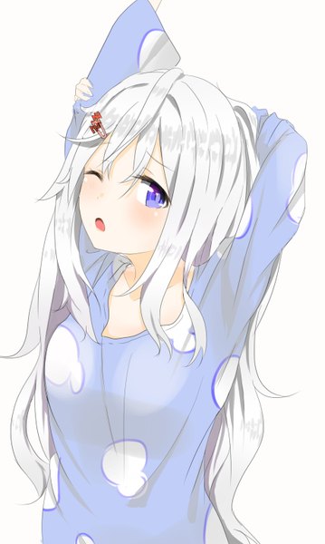 Anime picture 924x1542 with original hashiko no woto single long hair tall image looking at viewer blush fringe open mouth simple background smile hair between eyes white background purple eyes silver hair upper body one eye closed arms up :o arm behind head