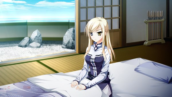 Anime picture 2560x1440 with otome ga tsumugu koi no canvas shishidou chiharu flamsteed kimishima ao single long hair highres blonde hair wide image sitting game cg heterochromia girl futon