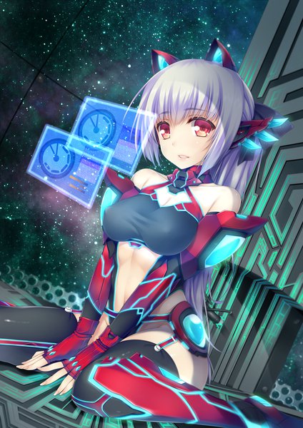 Anime picture 764x1080 with original rayn single long hair tall image looking at viewer breasts light erotic red eyes large breasts sitting bare shoulders payot cleavage silver hair ponytail parted lips bare belly erect nipples wariza