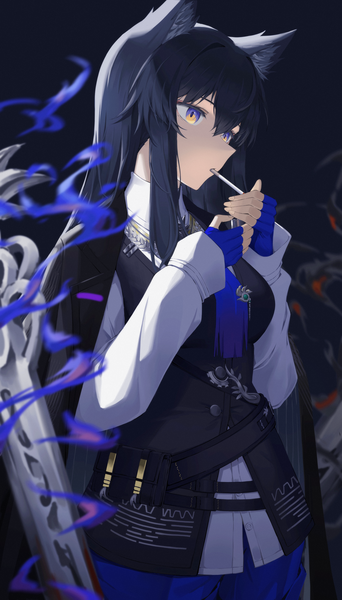 Anime picture 2480x4351 with arknights texas (arknights) texas the omertosa (arknights) gaoqiaoyuyin takahashi single long hair tall image fringe highres black hair hair between eyes animal ears looking away upper body wolf ears smoking multicolored eyes girl gloves fingerless gloves