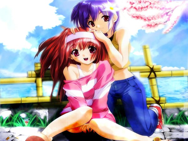 Anime picture 1024x768 with tagme (copyright) tagme (artist) long hair looking at viewer short hair open mouth red eyes multiple girls purple hair cloud (clouds) outdoors red hair :d pink eyes third-party edit girl 2 girls sea fence jeans