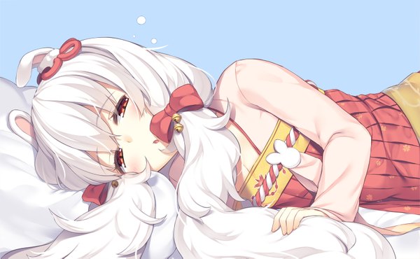 Anime picture 1600x987 with azur lane laffey (azur lane) laffey (new year rabbit) (azur lane) olive (laai) single long hair looking at viewer blush fringe open mouth hair between eyes red eyes wide image twintails animal ears white hair lying long sleeves traditional clothes :o