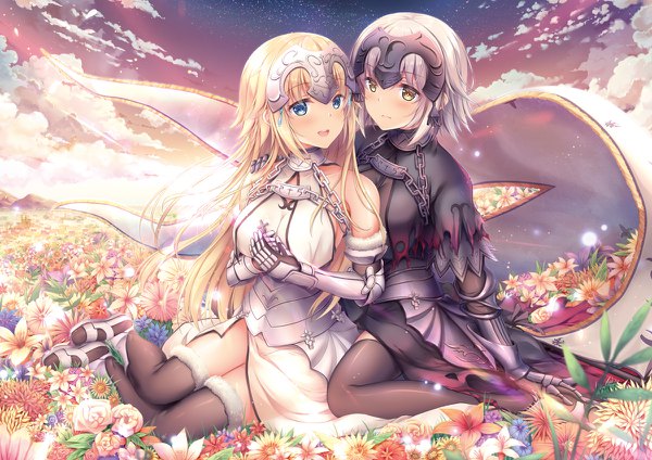 Anime picture 1200x848 with fate (series) fate/grand order jeanne d'arc (fate) (all) jeanne d'arc alter (fate) jeanne d'arc (fate) shirakawako long hair blush short hair breasts open mouth blue eyes light erotic blonde hair sitting bare shoulders multiple girls yellow eyes looking away sky