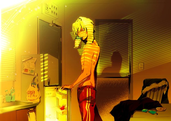 Anime picture 1192x848 with durarara!! brains base (studio) heiwajima shizuo tagme (artist) single looking at viewer fringe short hair blonde hair holding yellow eyes bare belly shadow mouth hold topless drinking boy uniform glasses jacket