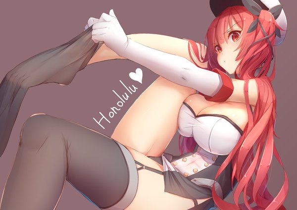 Anime picture 2121x1500 with azur lane honolulu (azur lane) if (asita) single long hair looking at viewer blush fringe highres breasts light erotic simple background hair between eyes red eyes large breasts twintails bent knee (knees) red hair character names undressing