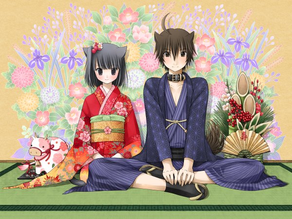 Anime picture 1200x900 with original kanzaki miku kanzaki hayato kuroinu short hair black hair smile sitting animal ears black eyes cat ears couple girl boy flower (flowers) belt collar fan yukata