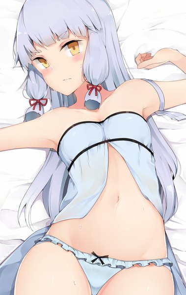 Anime picture 732x1157 with kantai collection murakumo destroyer cole single long hair tall image looking at viewer blush fringe light erotic bare shoulders yellow eyes silver hair lying head tilt bare belly alternate costume underwear only tress ribbon girl