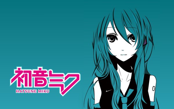 Anime picture 1920x1200 with vocaloid hatsune miku assassinwarrior hakoda eko single long hair looking at viewer fringe highres simple background hair between eyes parted lips aqua eyes wallpaper character names pale skin vector aqua background high contrast blending