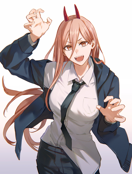 Anime picture 2376x3136 with chainsaw man mappa power (chainsaw man) hoshi rasuku single long hair tall image fringe highres open mouth simple background hair between eyes yellow eyes pink hair :d horn (horns) gradient background claw pose girl shirt