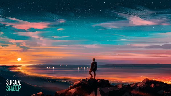 Anime picture 1920x1080 with original aenami single highres wide image standing signed sky cloud (clouds) outdoors evening sunset boy sea sun backpack