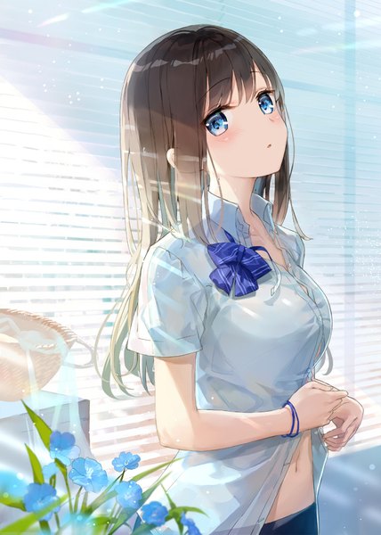 Anime picture 699x980 with original fuumi (radial engine) single long hair tall image looking at viewer blush fringe breasts blue eyes brown hair standing upper body indoors parted lips sunlight short sleeves open collar unbuttoned girl