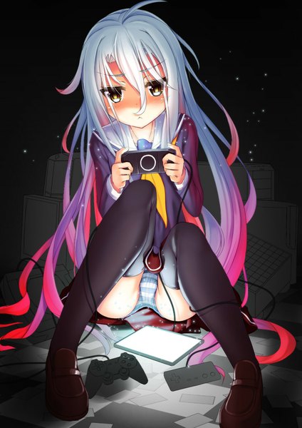 Anime picture 790x1117 with no game no life madhouse shiro (no game no life) dobunezumi single long hair tall image looking at viewer blush light erotic hair between eyes sitting holding brown eyes ahoge multicolored hair pantyshot gradient hair pantyshot sitting glow