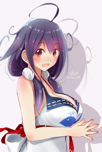 Anime picture 1306x1952 with kantai collection taigei light aircraft carrier tebi (tbd11) single long hair tall image looking at viewer blush fringe breasts open mouth light erotic simple background red eyes large breasts twintails purple hair shadow low twintails happy