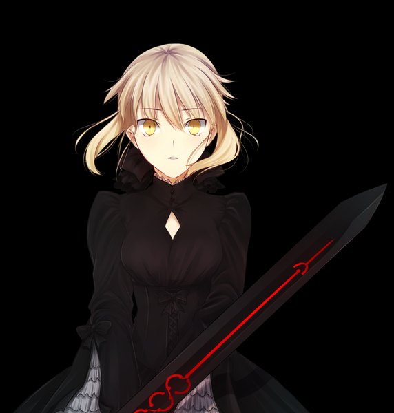Anime picture 1430x1500 with fate (series) fate/stay night studio deen type-moon artoria pendragon (all) saber saber alter tusia (malta) single tall image fringe breasts simple background blonde hair holding yellow eyes black background girl dress bow