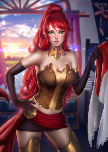 Anime picture 3660x5124 with rwby rooster teeth pyrrha nikos ayyasap single long hair tall image looking at viewer fringe highres breasts light erotic standing holding green eyes signed absurdres sky cleavage ponytail