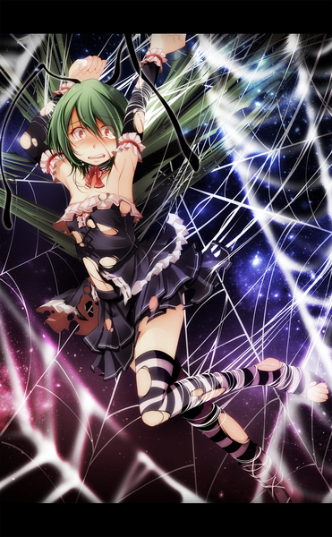 Anime picture 1236x2000 with touhou wriggle nightbug s-syogo single tall image blush short hair light erotic red eyes green hair tears torn clothes girl thighhighs torn thighhighs spider web