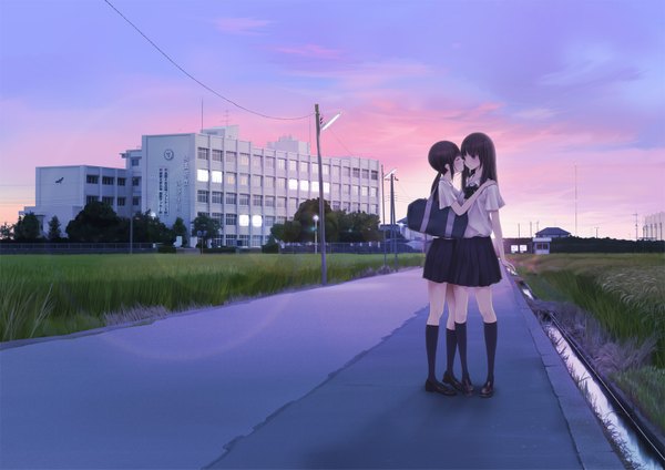 Anime picture 1654x1169 with original chikuwa (odennabe) long hair blush black hair multiple girls eyes closed black eyes evening sunset shoujo ai girl skirt 2 girls plant (plants) socks serafuku black socks grass school bag