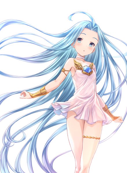 Anime picture 1320x1804 with granblue fantasy lyria (granblue fantasy) tomo (tmtm mf mf) single tall image blush blue eyes simple background white background bare shoulders blue hair ahoge very long hair wind :o sparkle girl dress choker white dress