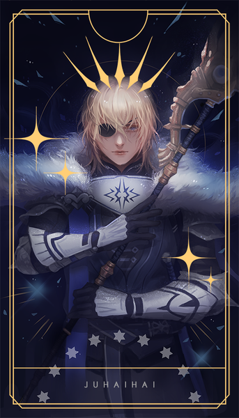 Anime picture 514x900 with fire emblem fire emblem: three houses nintendo dimitri alexandre blaiddyd juhaihai single tall image looking at viewer fringe short hair blue eyes blonde hair hair between eyes standing holding signed fur trim dark background framed expressionless