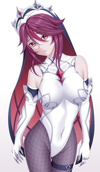 Anime picture 1224x2100 with genshin impact rosaria (genshin impact) arvind single tall image looking at viewer fringe short hair breasts light erotic simple background hair between eyes red eyes large breasts standing white background bare shoulders purple hair parted lips head tilt