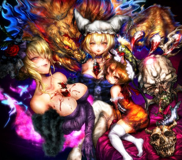 Anime picture 1313x1158 with touhou yakumo yukari yakumo ran chen inuboe short hair breasts blonde hair red eyes brown hair multiple girls animal ears yellow eyes cat ears cat tail loli fox ears :p girl thighhighs