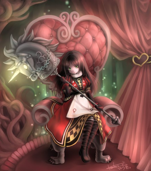 Anime picture 2210x2500 with american mcgee's alice (game) alice: madness returns queen of hearts keluy single long hair tall image highres brown hair green eyes signed horn (horns) dress gloves weapon boots heart curtains apron armchair