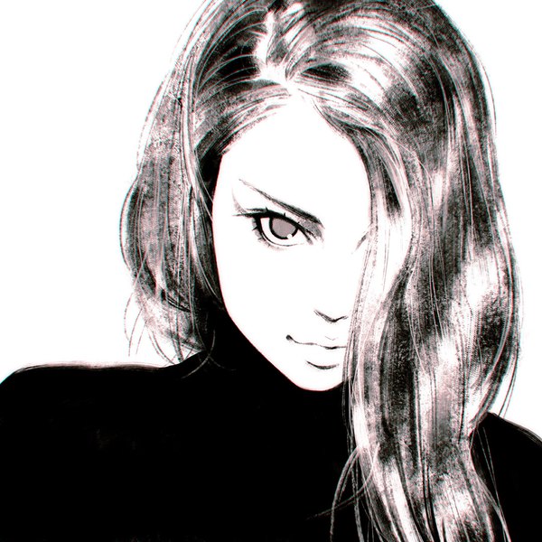 Anime picture 1080x1080 with original ilya kuvshinov single long hair looking at viewer fringe simple background white background hair over one eye realistic monochrome face girl turtleneck