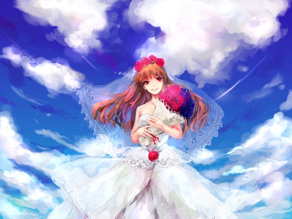Anime picture 1500x1125 with ib (game) ib (ib) echoes single long hair fringe smile red eyes brown hair bare shoulders holding sky cloud (clouds) girl dress hair ornament flower (flowers) rose (roses) bouquet wedding dress