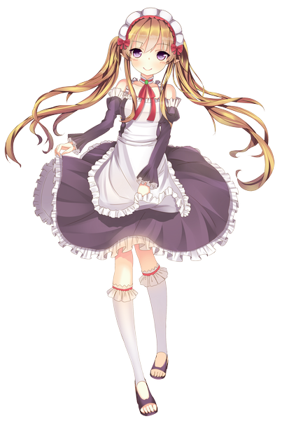 Anime picture 1500x2175 with outbreak company feel (studio) myucel foalan yikoyi single long hair tall image blush smile brown hair purple eyes twintails full body pointy ears maid transparent background girl dress detached sleeves socks