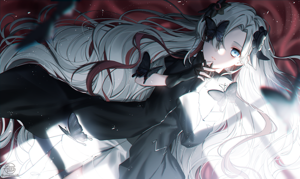 Anime picture 1300x774 with virtual youtuber kamitsubaki studio isekai joucho umeno shii single blue eyes wide image silver hair lying very long hair multicolored hair from above shadow on back streaked hair interlocked fingers covering eye (eyes) girl dress gloves