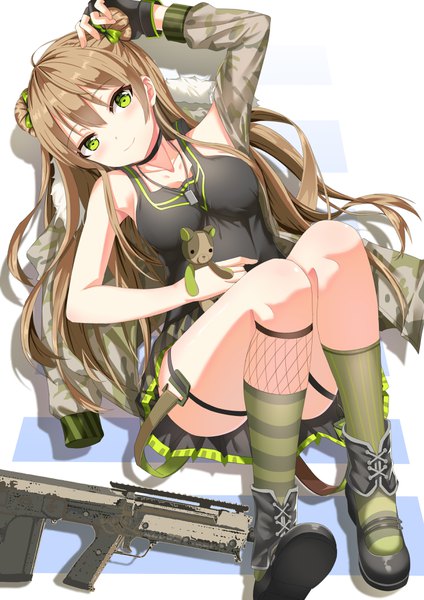 Anime picture 2480x3508 with girls frontline rfb (girls frontline) gatari single long hair tall image looking at viewer highres light erotic smile brown hair green eyes full body ahoge bent knee (knees) lying pleated skirt from above on back hair bun (hair buns)