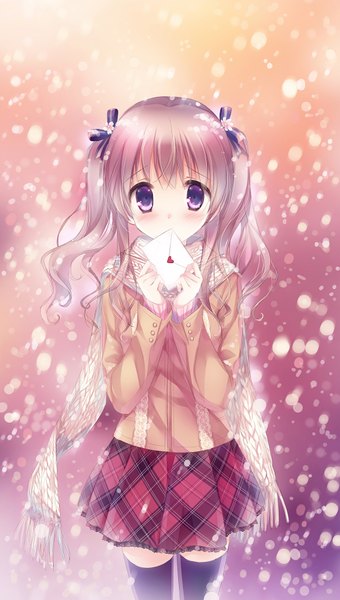 Anime picture 1000x1760 with original kimishima ao single long hair tall image blush purple eyes twintails grey hair zettai ryouiki plaid skirt snowing winter girl thighhighs skirt bow black thighhighs hair bow scarf