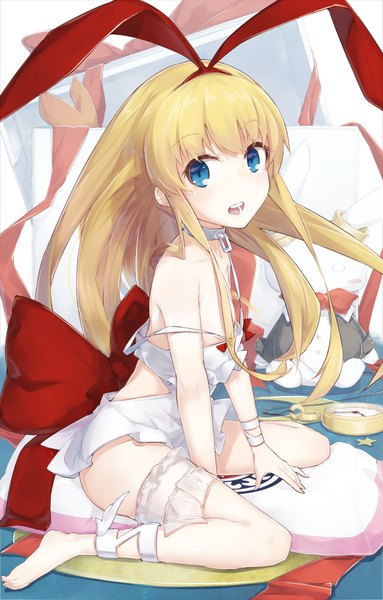 Anime picture 639x1000 with saki amae koromo aira sari single long hair tall image looking at viewer breasts open mouth blue eyes light erotic blonde hair sitting animal ears barefoot bunny ears flat chest girl bow collar