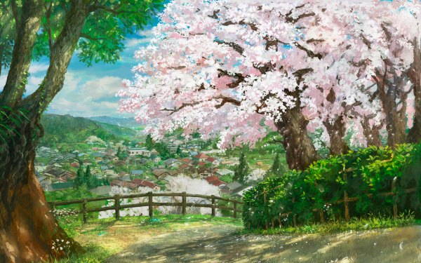 Anime picture 1200x750 with original you shimizu wide image sky cloud (clouds) cherry blossoms no people landscape plant (plants) petals tree (trees) house