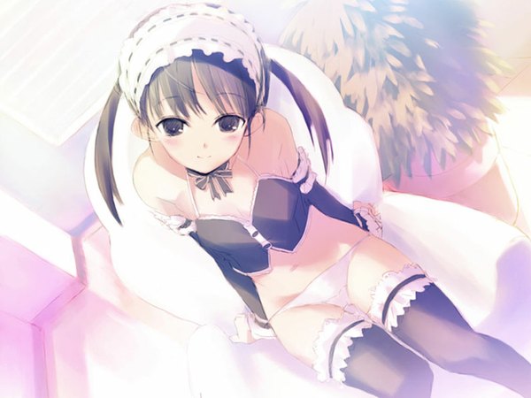 Anime picture 1024x768 with original kawata hisashi looking at viewer blush light erotic smile brown hair sitting twintails brown eyes underwear only girl thighhighs underwear panties black thighhighs detached sleeves armchair
