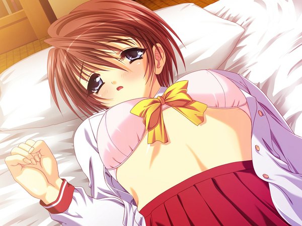 Anime picture 1024x768 with happy harem script (game) blush short hair blue eyes light erotic brown hair game cg girl