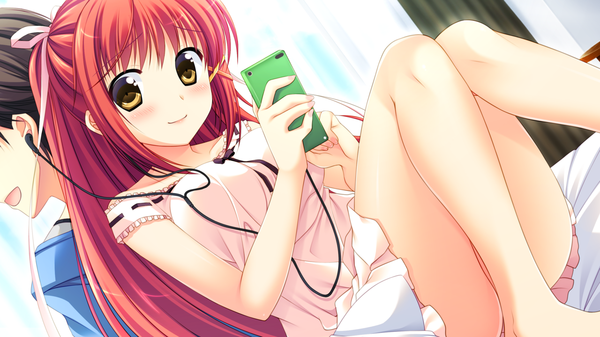 Anime picture 1280x720 with natsu koi high pressure nanase hikari ayamisiro long hair looking at viewer blush breasts smile wide image large breasts sitting brown eyes game cg ponytail red hair barefoot censored bare legs convenient censoring back to back