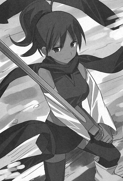 Anime picture 1089x1600 with campione! saint raffaello sikorsky single long hair tall image fringe smile hair between eyes standing holding bent knee (knees) ponytail black eyes scan grey background wide sleeves official art dark skin monochrome